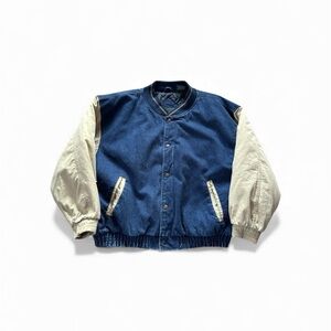 Vintage Mcgregor Denim Varsity Jacket Men Size 1XB Blue Jean Bomber 90s *read*